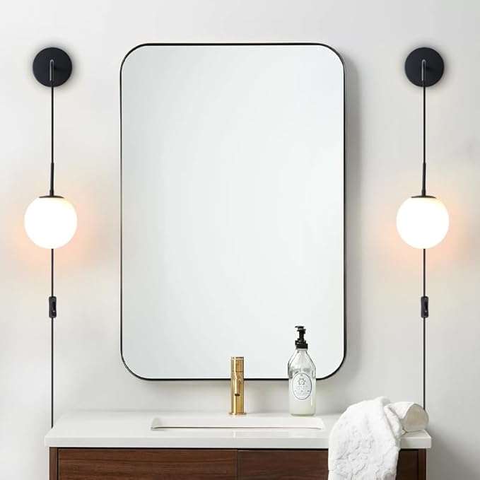 KUZZULL Wall Sconces Set of Two Plug in Wall Sconces Matte Black Wall Lamp with Plug in Cord and Switch Hanging Indoor Wall Mounted Lights with Globe Glass Shade Plug in Sconces Wall Decor Set of 2