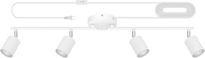 Plug in Track Lighting LED, Track Lighting Fixtures Ceiling, White 4-Light Kitchen Light Kit, Plug in Wall Light with 14.8ft Power Cord, Rotatable Ceiling Spotlight for Bedroom(GU10 Socket, NO Bulb)