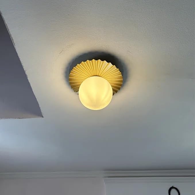 Modern Flush Mount Ceiling Light, Gold Pleated Satin Finish with White Center Globe, 9.8 Inch Bubble Chandelier Wide Ceiling Light Fixture for Bedroom, Hallway, Closet, Foyer (Gold, 1 Light)