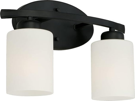 HomePlace by Capital Lighting 115221MB-338 Dixon Modern Soft White Glass Bathroom Vanity Wall Light, 2-Light 200 Total Watts, 9" H x 13" W, Matte Black