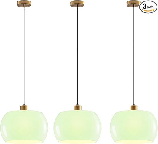 3 Pack Green Glass Globe Pendant Lights, Mid Century Modern Hanging Lighting for Hallway Foyer Living Room Kitchen