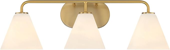 Savoy House 8-2988-3-322 Blair White Strie Glass Bathroom Conical Bathroom Vanity Light, 3-Light 180 Total Watts, 8'' H x 26'' W, Warm Brass