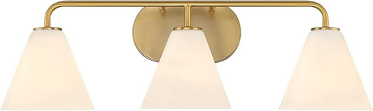 Savoy House 8-2988-3-322 Blair White Strie Glass Bathroom Conical Bathroom Vanity Light, 3-Light 180 Total Watts, 8'' H x 26'' W, Warm Brass