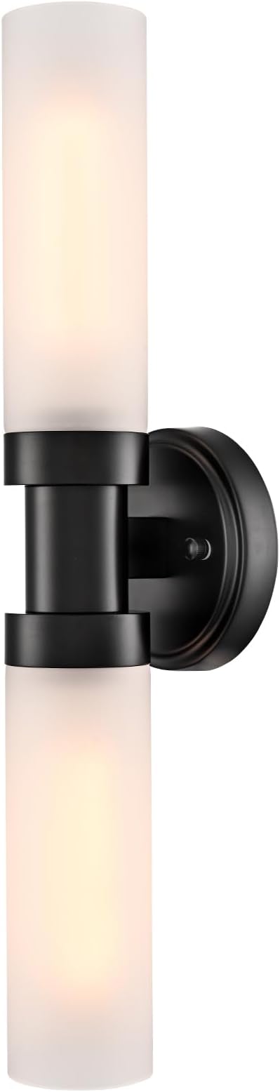 Modern 2-Light Black Wall Sconce, Cylinder Frosted Glass Bathroom Wall Light Fixtures 20-Inch Black Glass Sconces Wall Lighting for Bedroom Living Room Hallway