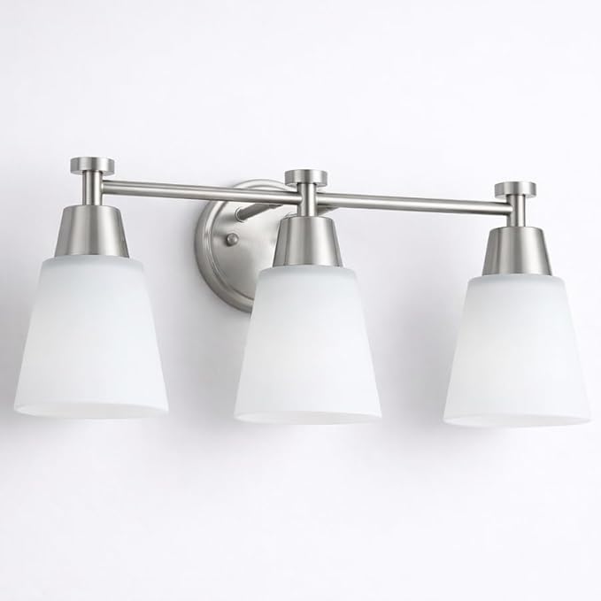 3-Light Bathroom Vanity Light, Brushed Nickel Finish with Milk Glass Shades, Over Mirror, for Bathroom Vanity