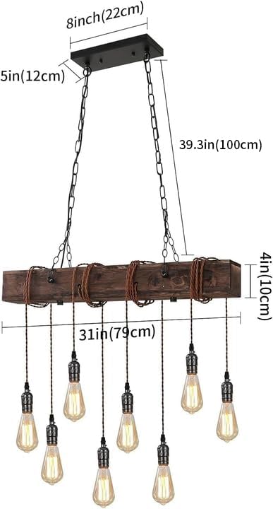KEESFU 8-Lights Rustic Chandeliers for Dining Room, Farmhouse Wooden Ceiling Pendant Light, Height Adjustable, Rectangle Chandelier for Kitchen Island Dining Room Bar Pool Table Cabin.