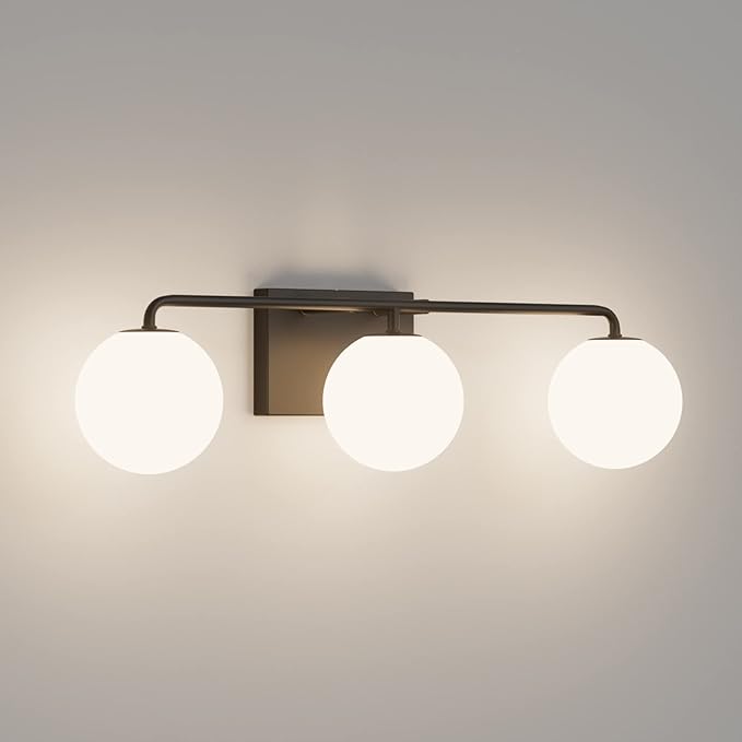 Tipace Mid Century Modern Bathroom Vanity Lights Fixtures 3-Light Black Milk White Globe Glass Industrial Vanity Lighting Over Mirror (Exclude Bulb)