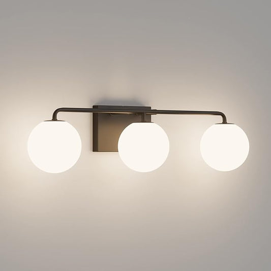 Tipace Mid Century Modern Bathroom Vanity Lights Fixtures 3-Light Black Milk White Globe Glass Industrial Vanity Lighting Over Mirror (Exclude Bulb)
