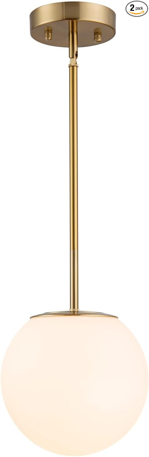 Mid Century Modern Pendant Light – 1-Light Gold Globe with White Glass Shade, Brushed Brass Finish, Adjustable Height for Sloped Ceilings, Hanging Light for Kitchen Island
