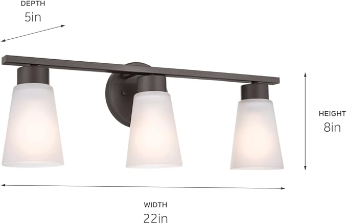 Kichler Stamos 3-Light Bathroom Vanity Light Fixture with Satin Etched Glass Shades, 22 in Modern Wall Light in Olde Bronze for over Mirror (22 in x 5 in x 8 in), 45887NI