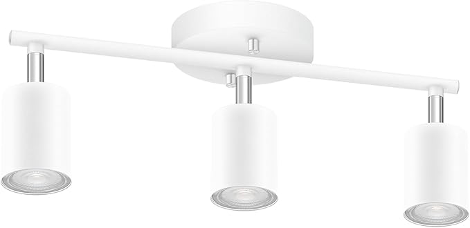 White Track Lighting, 3 Light Track Lighting Kit, White 3 Way Modern Ceiling Spotlight, Flexibly Rotatable Light Head, Industrial LED Track Light Kit for Kitchen Cabinet Gallery Bar Living Room