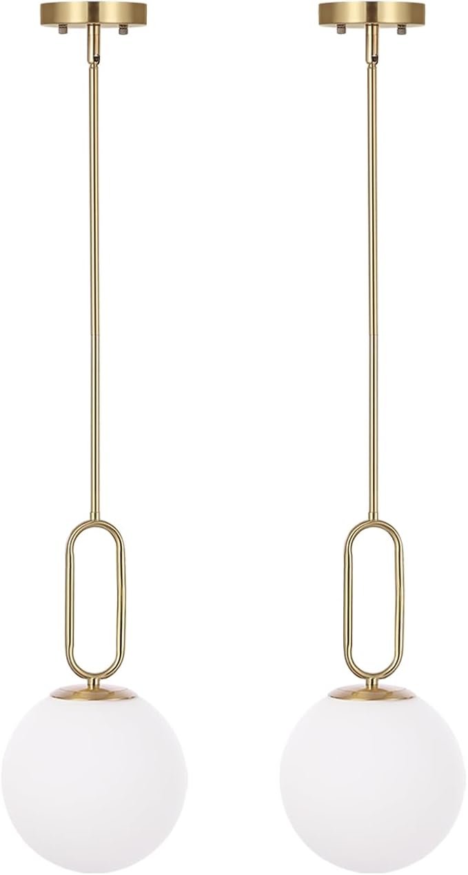 Modern Gold Globe Pendant Light White Globe Glass Shade Brushed Brass Finished Adjustable Rods Hanging Light Fixtures for Kitchen Island Living Room