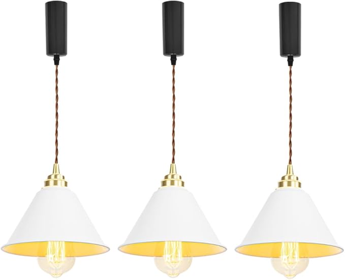 3.2 Ft Adjustable Cord H-Type Track Pendant Brass & White Shade Hanging Light Vintage Design for Kitchen Office Stairs Set of 3(No Bulb, Track)
