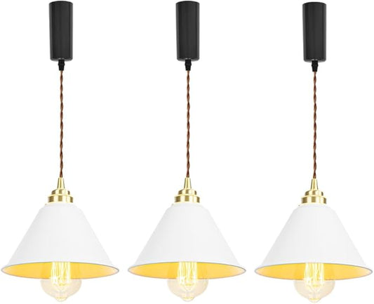 3.2 Ft Adjustable Cord H-Type Track Pendant Brass & White Shade Hanging Light Vintage Design for Kitchen Office Stairs Set of 3(No Bulb, Track)