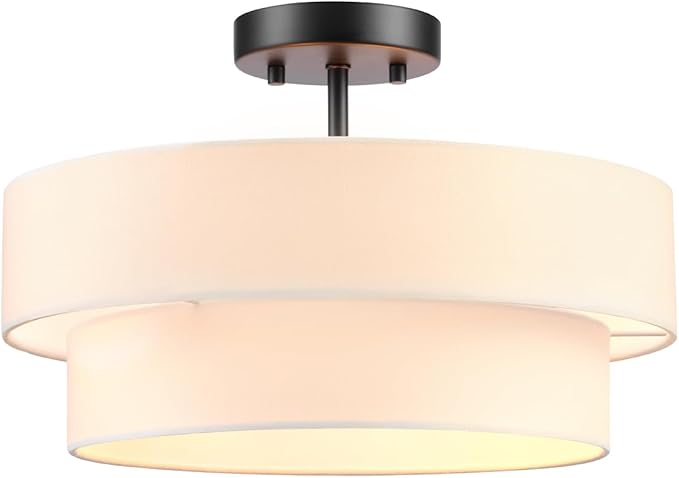 Globe Electric 66000138 2-Light Semi-Flush Mount Ceiling Light, Matte Black, 2-Tier, White Linen Shade, Home Improvement, Dining Room, Kitchen