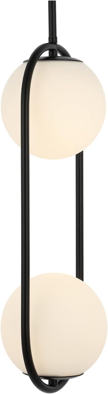 BYOLIIMA 2-Lights Modern Globe Chandelier Mid Century Pendant Light Matte Black Ceiling Hanging Lighting Fixture with White Globe Glass Lampshade for Kitchen Island Dining Room Bedroom