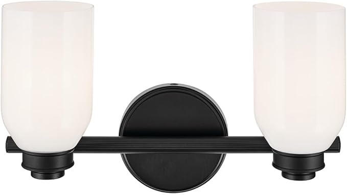 Kichler Shae 15" 2-Light Bathroom Vanity Light Fixture with Cased Opal Glass in Black, Modern Coastal Style for Mirror, Powder Room, Bathroom Lighting (15" W x 9" H), 55201BK