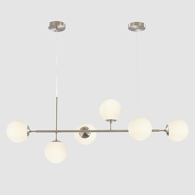 BOKT Modern 6-Light Ceiling Pendant Lighting Mid-Century Large Globes Sputnik Chandelier Brushed Nickel Milk Glass Globe Linear Pendant Light Dining Room Flush Mount Ceiling Lamp