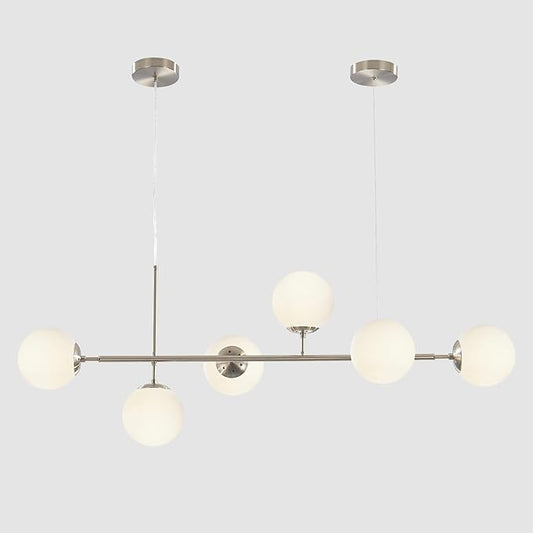BOKT Modern 6-Light Ceiling Pendant Lighting Mid-Century Large Globes Sputnik Chandelier Brushed Nickel Milk Glass Globe Linear Pendant Light Dining Room Flush Mount Ceiling Lamp