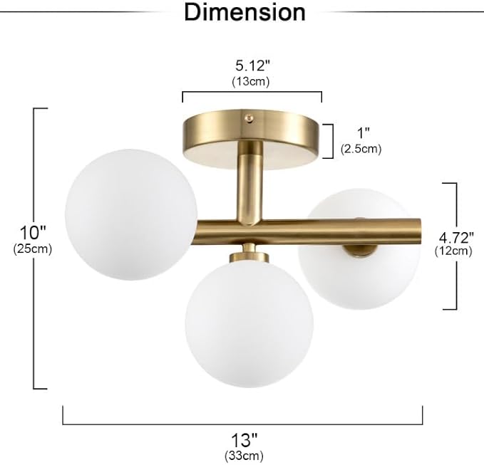 EDISLIVE 3-Light Semi Flush Mount Ceiling Light Frosted Globe, 13in Modern Brass Sputnik Light Fixture Chandeliers with Milk Glass Shade Gold Finished