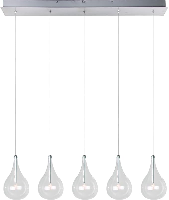 ET2 E23115-18 Larmes Modern Blown Glass Oversized Teardrops Linear Pendant Ceiling Lighting, 5-Light Xenon 100 Watts, 8"H x 5"W x 30"L, Polished Chrome