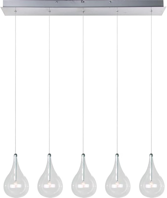 ET2 E23115-18 Larmes Modern Blown Glass Oversized Teardrops Linear Pendant Ceiling Lighting, 5-Light Xenon 100 Watts, 8"H x 5"W x 30"L, Polished Chrome