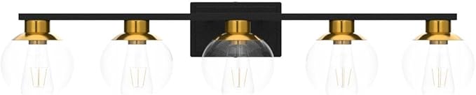 PAZALA Black Gold Bathroom Light Fixtures Over Mirror 5-Lights Vanity Light Wall Sconce with Globe Glass Shade, E26 Base, Perfect for Hallway Picture Wall Lighting Bathroom Bedroom Mirror Living Room