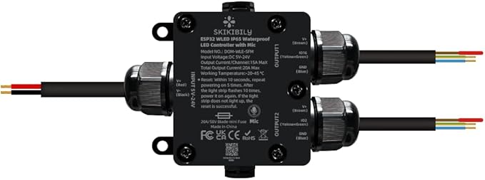 ESP32 WLED LED Controller with Mic for Music Sync, APP/Web Control, IP65 Waterproof, 5V/12V/24V WS2812B SK6812 WS2811 RGBIC Addressable LED Strip Lights, 20A Output Fuse Protection