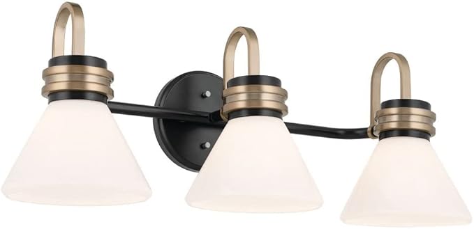 Kichler Farum 26 in 3-Light Bathroom Vanity Light Fixture with Opal Glass in Black with Champagne Bronze Accents for Modern Bathrooms and Powder Rooms (26 in W x 9.5 in H x 9.5 in D) 55155BK