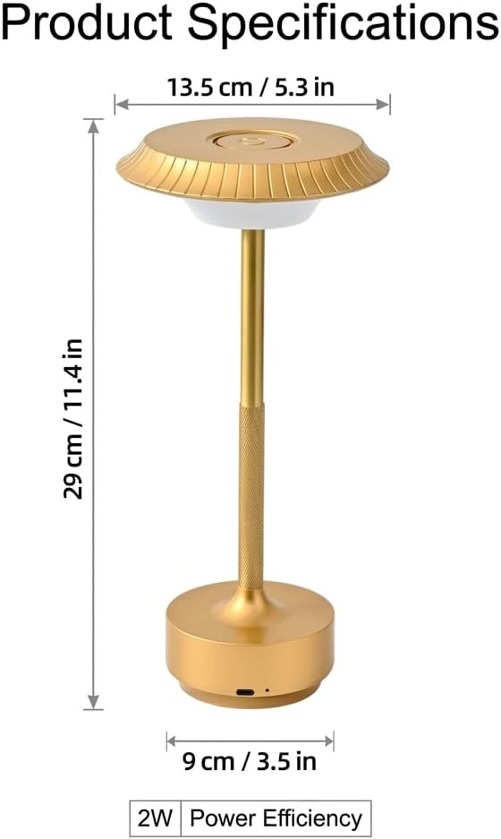 Goodoo Rechargeable Cordless Table Lamps, Portable 1800mAh Battery Table Light, 3 Color Stepless Dimming LED Table Light, for Outdoor/Dinner/Patio/Restaurant.(Gold)