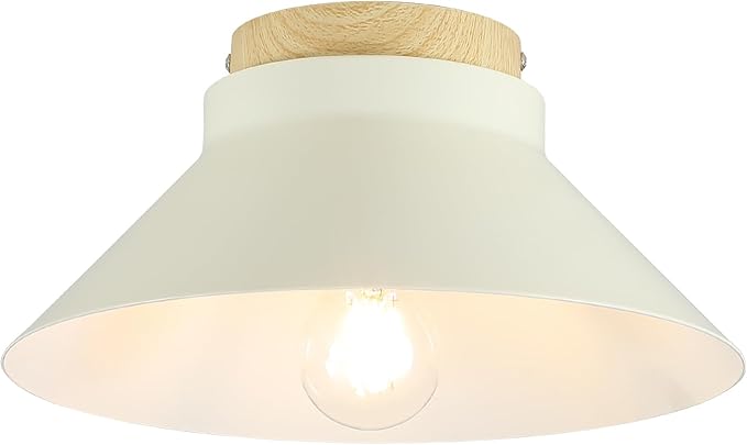 11.8'' Modern Ceiling Light Fixtures, Cream White Metal Flush Mount Light Fixtures with Natural Wood Accent, Farmhouse Semi Flush Mount Ceiling Lights for Kitchen, Hallway, Entryway,Laundry Room