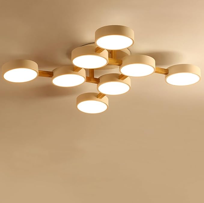 LED Ceiling Light Fixture,44 Inch 8-Lights Modern Ceiling Lights Flush Mount Wooden 96W Chandelier for Living Room Bedroom Kitchen,Dimmable 3000K/4000K/6000K Temperatures Selectable, White