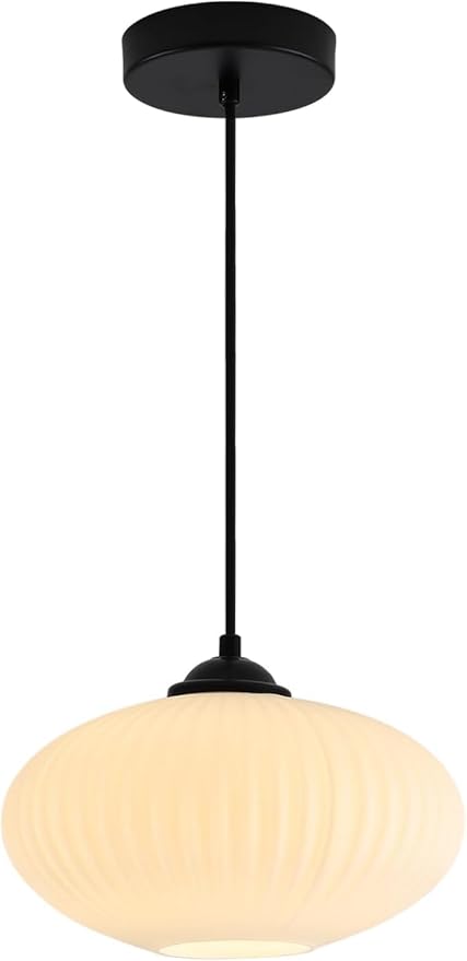 KCO Lighting 9.8" Small Milk Glass Pendant Light Black and White Pendant Light Mid Century Modern Hanging Ceiling Light Fixture