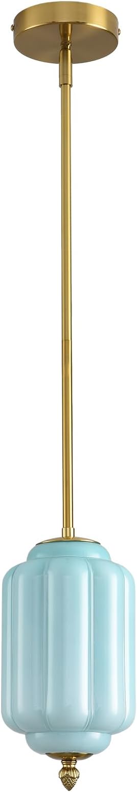 Vintage Blue Glass Pendant Lights 5.5 Inch Mid Century Brass Hanging Ceiling Light, Small Adjustable Height Kitchen Island Hanging Lights for Dining Room, Kitchen, Hallway and Bedroom, E12 Base