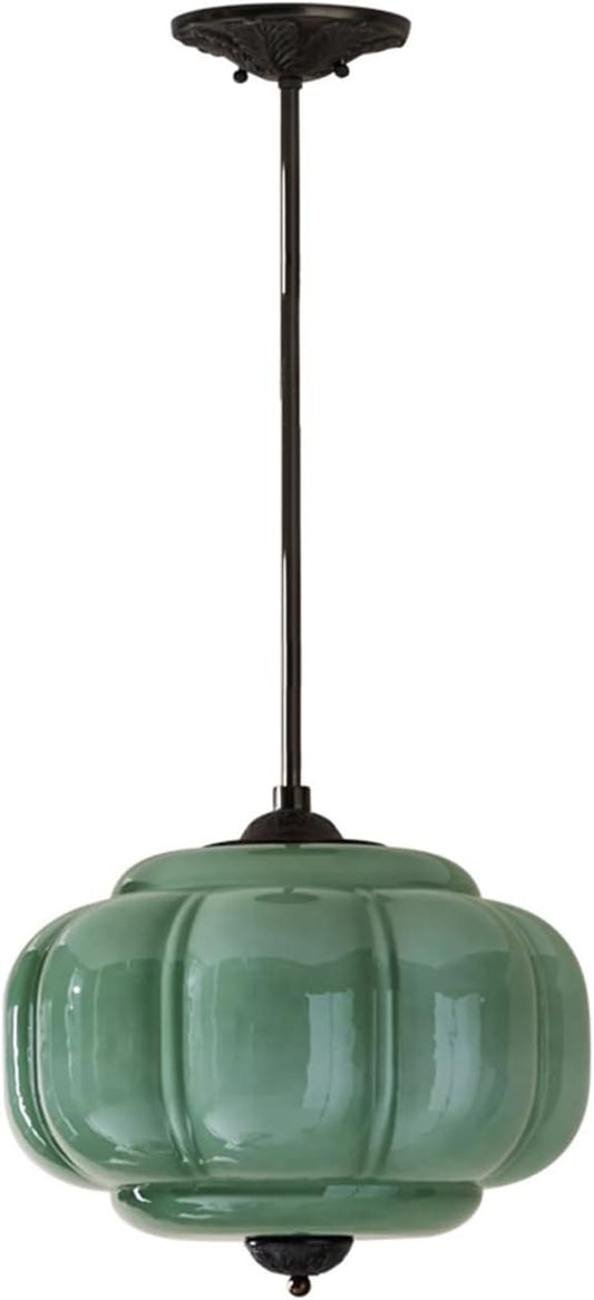 Green Milk Glass Pendant Light Vintage Schoolhouse Light Fixture Mid-Century Modern Foyer Chandelier Black Traditional Semi Flush Mount Ceiling Light for Bedroom Kitchen Dining Room