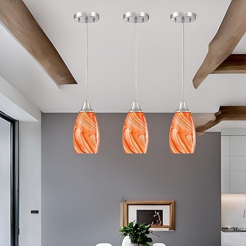 Viinew Mini Glass Pendant Light 4.72" with Handblown Orange Marble Art Glass Hanging Light 1-Pack Oval Ceiling Hanging Light Fixture for Dining Room Kitchen Island Cafe Foyer Hallway