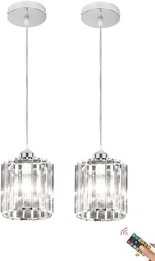 Rechargeable Wireless Battery Operated Pendant Light with Bulb & Remote, Battery Powered Pendant Lamp Cordless Crystal Glass Chandelier Ceiling Hanging Lighting for Kitchen Island Dining Table Bedroom