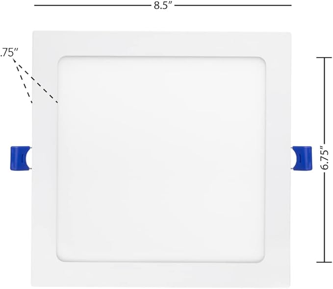 Maxxima 8 in. 5CCT Square Recessed LED Downlight, 1600 Lumens Slim Flat Panel Color Selectable 2700K/3000K/3500K/4000K/5000K, Dimmable, Canless IC Rated, White Trim, J-Box Included