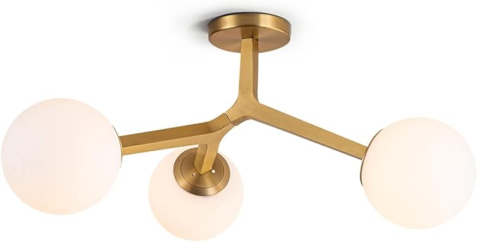Lingkai Brass Gold Semi Flush Mount Ceiling Light Fixture, Mid Century Modern Light Fixtures Ceiling, 3-Light 23.6" Brass Gold Sputnik Ceiling Light for Living Room, Bedroom, Bathroom, Over The Sink