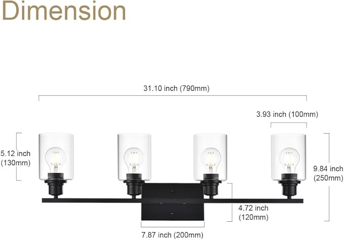 VINLUZ 4-Lights Black Bathroom Vanity Light Fixtures with Clear Cylinder Glass Shade,Industrial Metal Wall Mounted Lighting Over Mirror