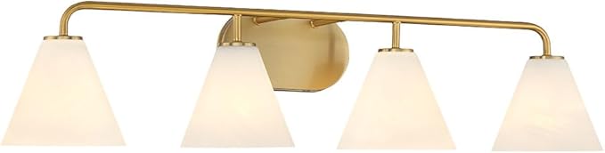 Savoy House 8-2988-4-322 Blair White Strie Glass Bathroom Conical Bathroom Vanity Light, 4-Light 240 Total Watts, 8'' H x 35'' W, Warm Brass