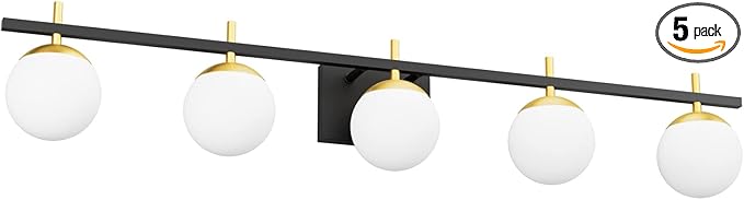 Ralbay Mid Century Modern Bathroom Vanity Light Fixture 5 Light Milky Glass Globe Modern Bathroom Light Fixture Over Mirror, Black/Golden 5 Light