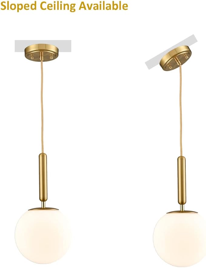 DIRYZON Mid Century Gold Pendant Lighting for Kitchen Island, Modern Hanging Pendant Light Fixture with Globe Milky White Glass for Bedroom Bathroom Entryway 7.9 Inch
