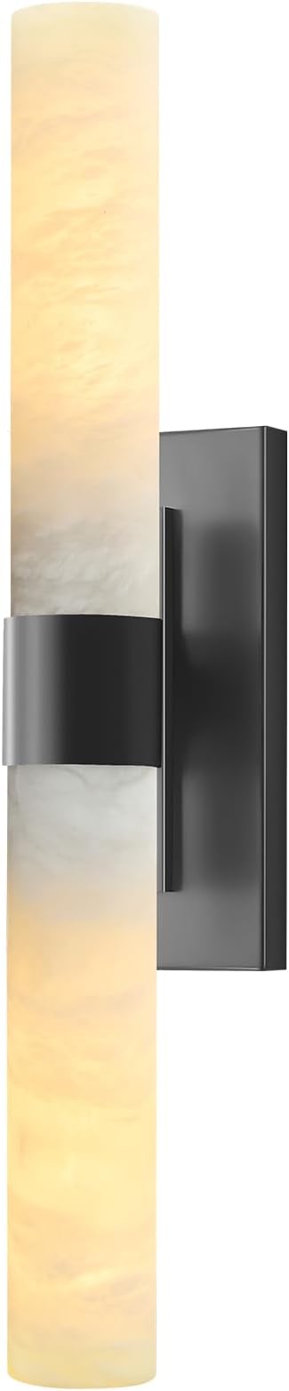 23" Matte Black Brass Wall Sconce with Marble Shade - Bathroom Vanity Light, Makeup Vanity Lamp & Over-Mirror Lighting, Vintage Rust-Resistant E26 Indoor Fixture