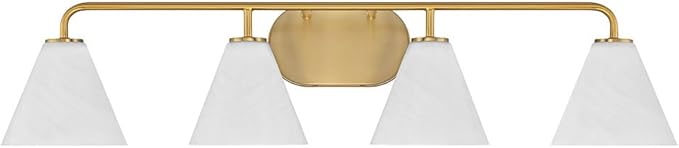 Savoy House 8-2988-4-322 Blair White Strie Glass Bathroom Conical Bathroom Vanity Light, 4-Light 240 Total Watts, 8'' H x 35'' W, Warm Brass