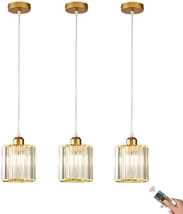 Rechargeable Wireless Battery Operated Pendant Light with Bulb & Remote, Battery Powered Pendant Lamp Cordless Crystal Glass Chandelier Ceiling Hanging Lighting for Kitchen Island Dining Table Bedroom