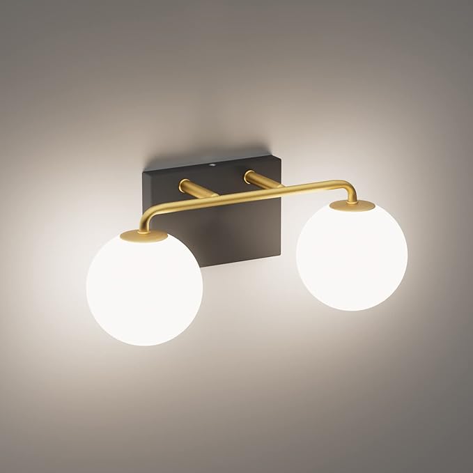 Tipace 2 Lights Mid Century Vintage Bathroom Vanity Light Fixtures Over Mirror Black Gold Industrial Vanity Lights with Milk White Glass Globe Farmhouse Bath Lighting(Exclude Bulb)