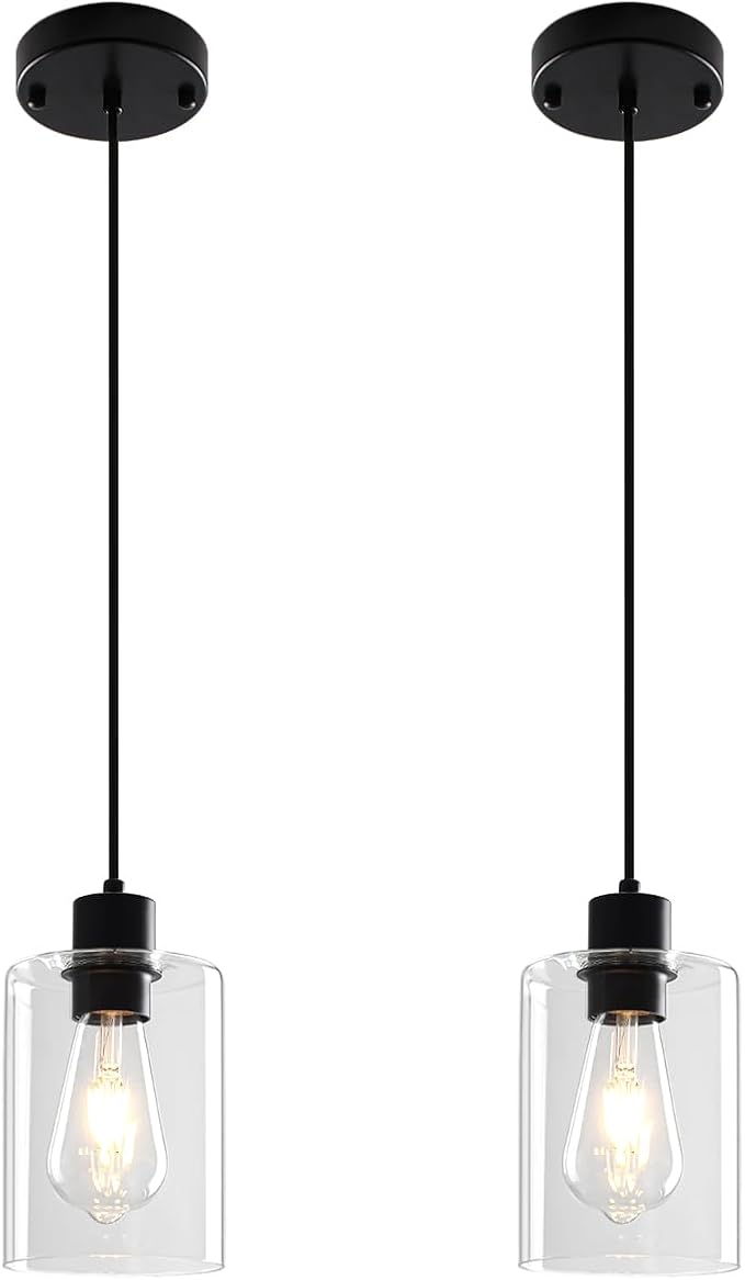 2 Pack Black Pendant Lights Kitchen Island, Modern Glass Pendant Lighting Over Island Kitchen Hanging Bathroom Ceiling Light Fixtures Adjustable Pendant Lights for Dining Room Hallway Bedroom