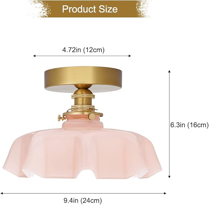 9.4in Vintage Pink Flush Mount Ceiling Light Fixture - Brass Semi Flush Mount Lighting with Flower Glass Shade for Closet, Small Rooms - Compact Indoor Light for Hallway Entryway Porch, Bulb Not