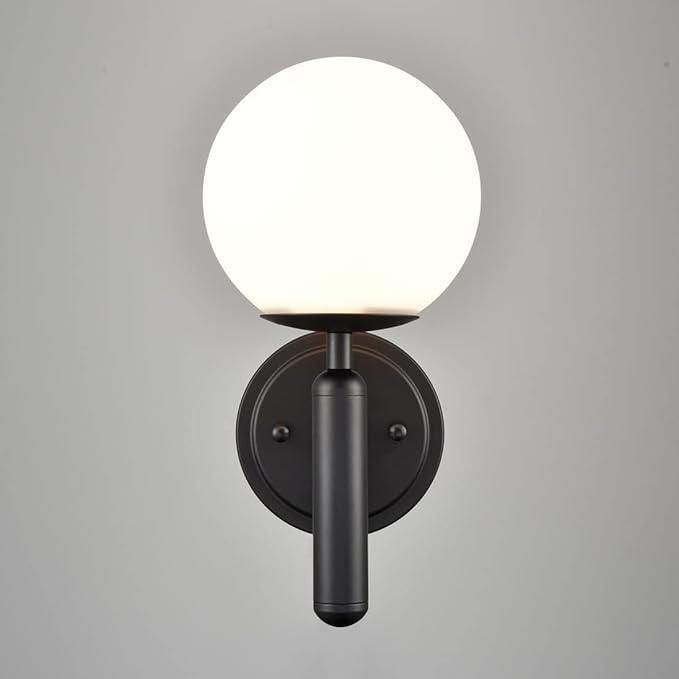 DIRYZON Modern Globe Wall Light Fixture Set of 2 Black Wall Sconces Bathroom Vanity Light with Opal Glass Shade for Living Room Bedside Stairs Mirror